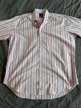 Tailorbyrd Men’s Button-Down Shirt in White with Red & Blue Stripes